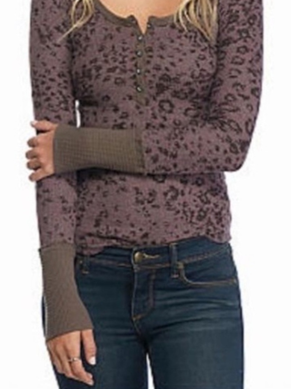 We the Free Davis Henley Thermal Animal Print deep purple fitted stretch large